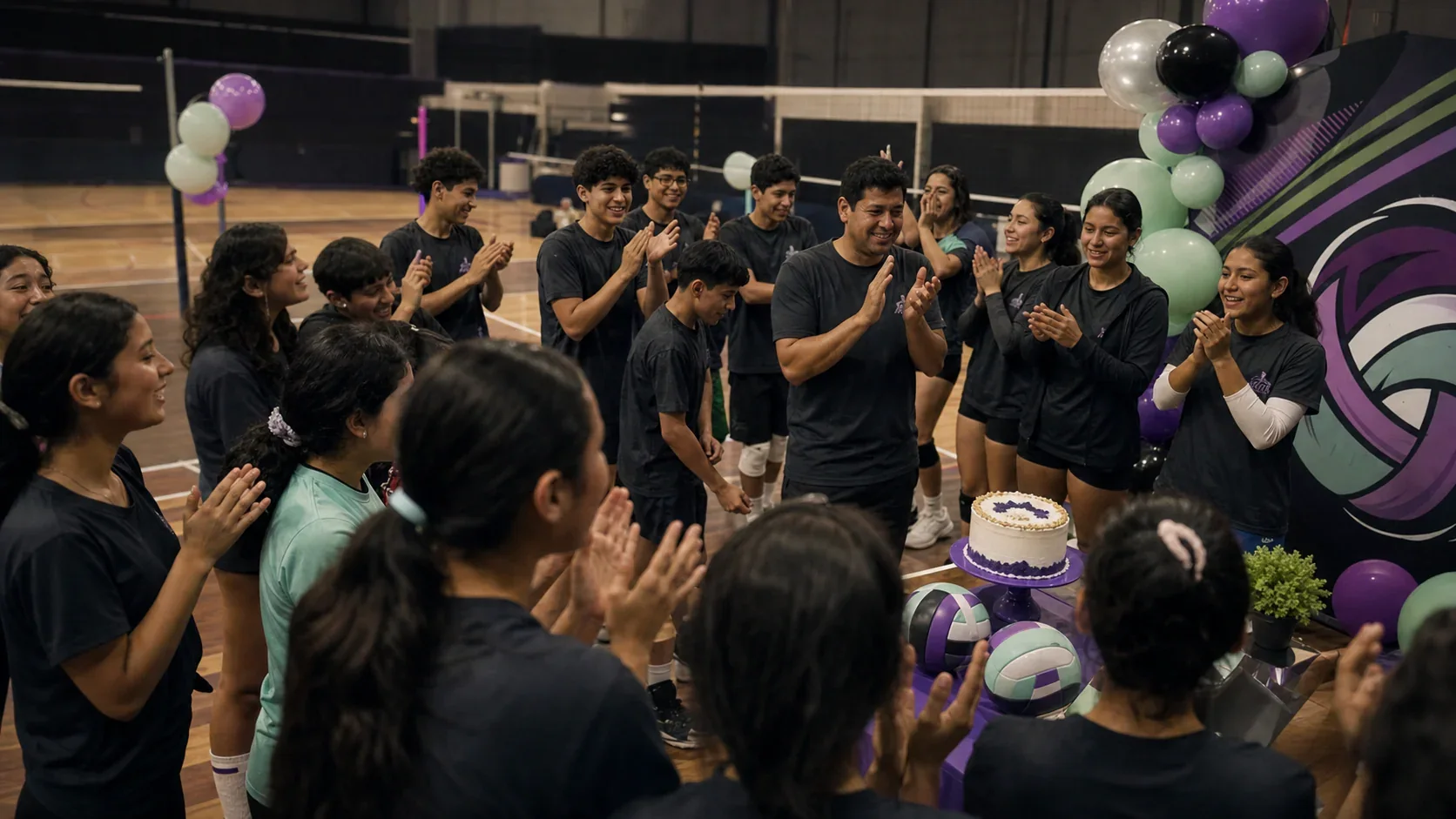 Integrantes del club celebrando juntos dentro de una cancha de voleibol