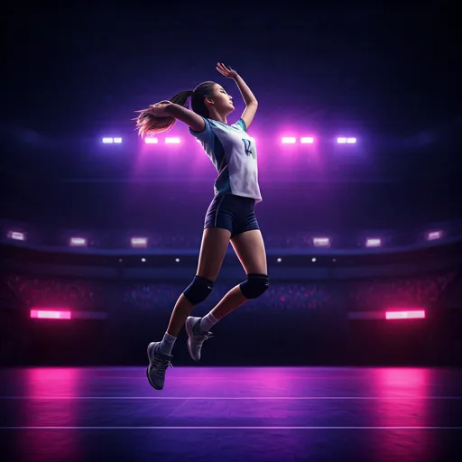 Jugadora de voleibol en salto de remate con iluminacion escenica purpura y magenta