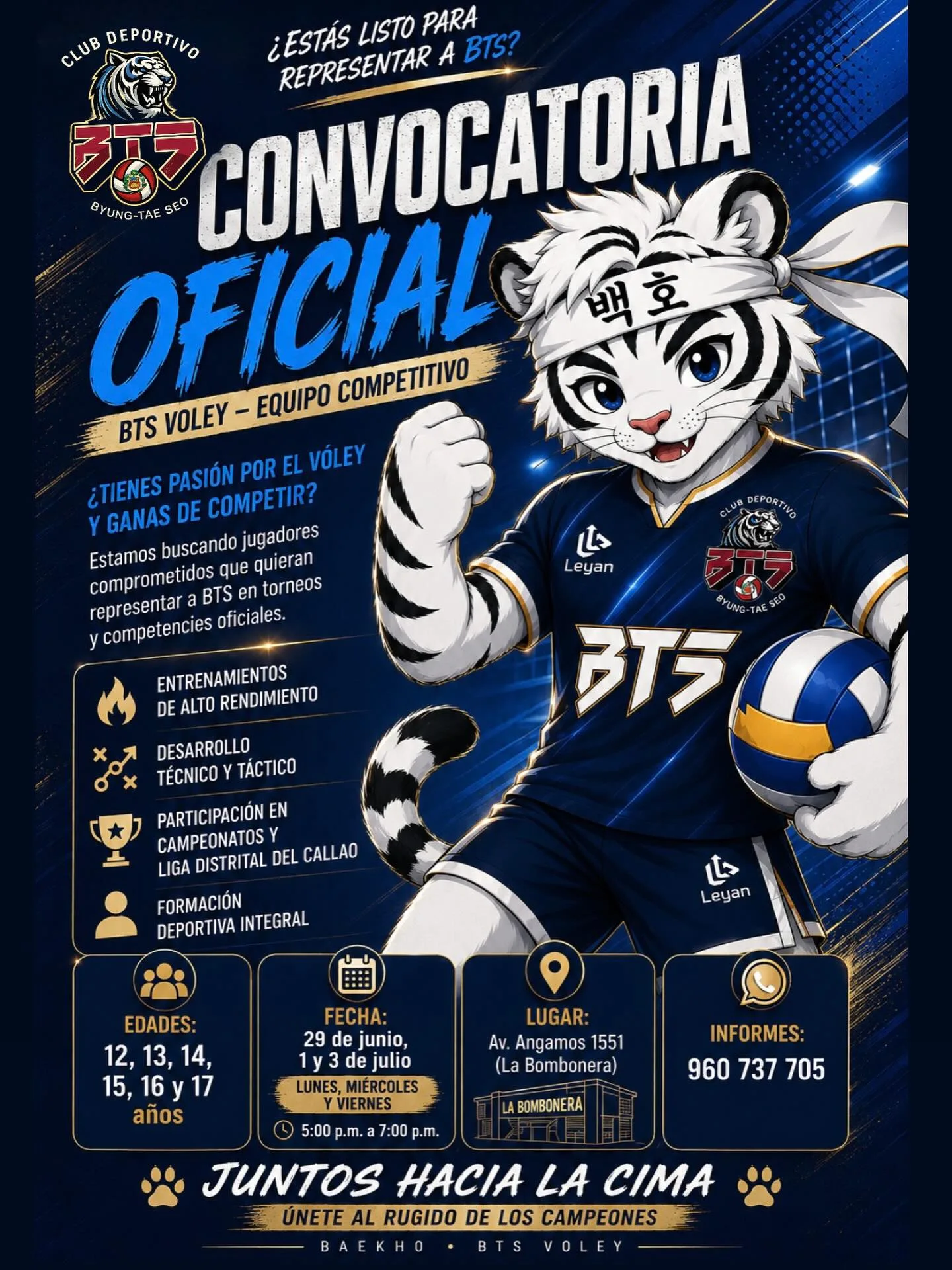 Afiche de convocatoria oficial para el equipo competitivo BTS Vóley