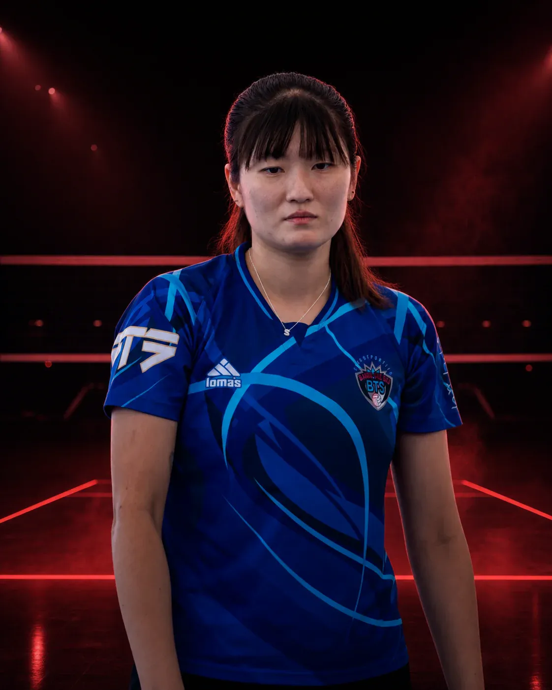 Profesora Seyun con uniforme azul en una cancha de voleibol