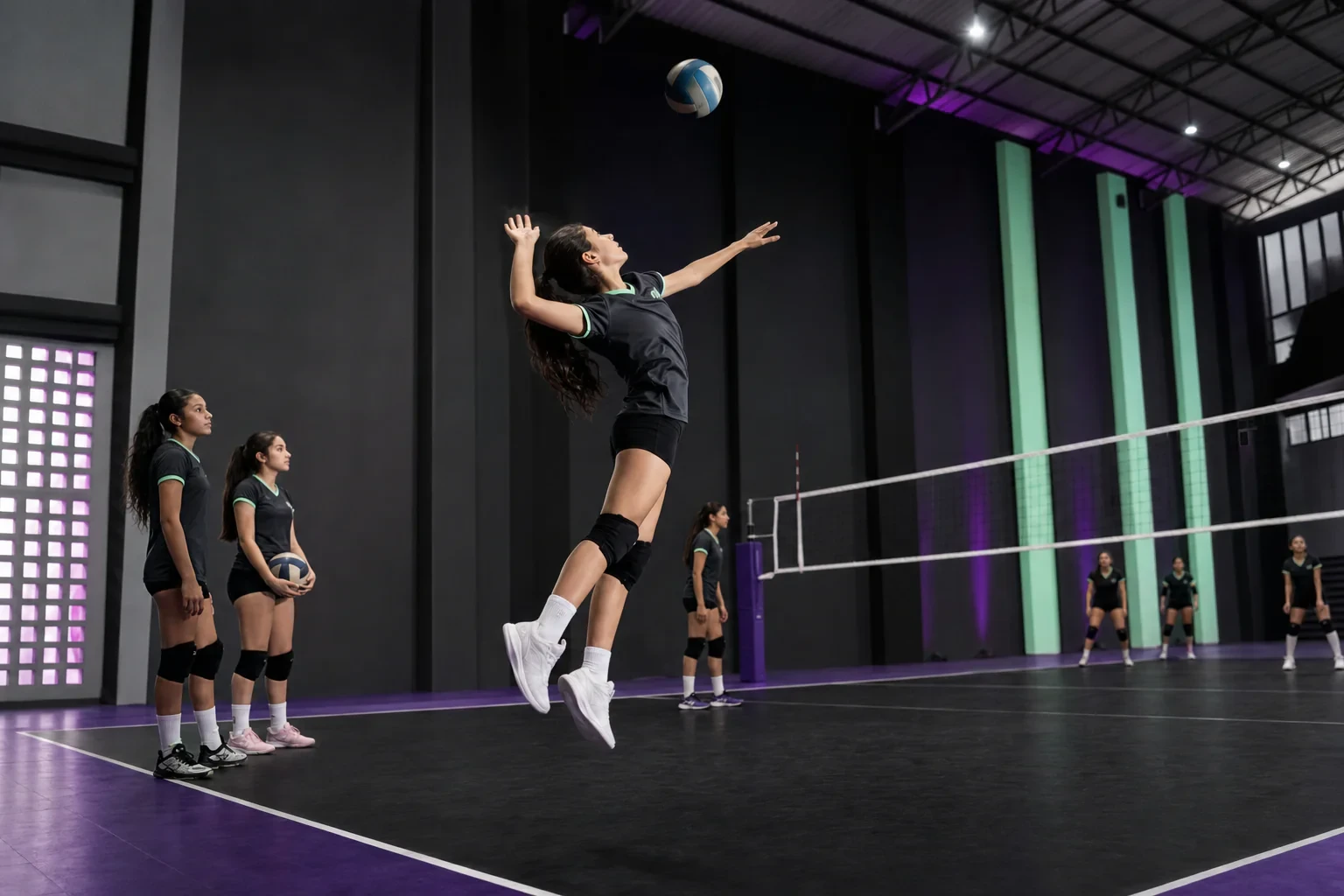 Jugadora ejecutando un saque potente en una cancha de voleibol