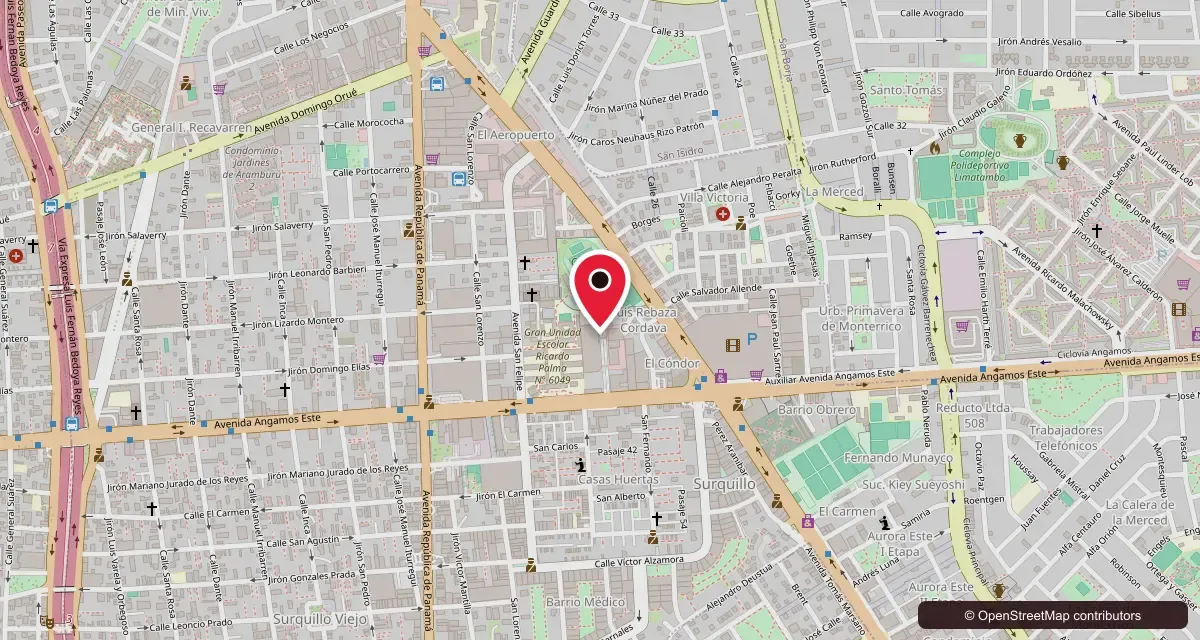 Mapa de Surquillo con un marcador en la sede BTS de La Bombonera